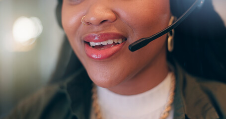 Poster - Mic, mouth and talk at office, call center and tech for customer support, job or advice at night. Person, agent or virtual consultation on voip, contact us and headset for career at startup company