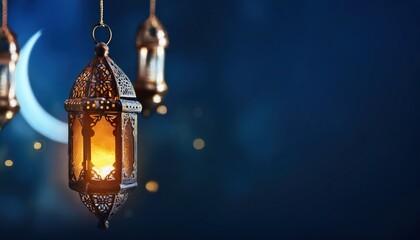 Poster - golden crescent moon and lantern ramadan photo for web design and brandin