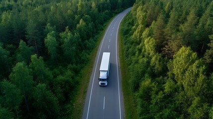 Poster - Aerial view of a white semi-truck driving on a winding road through a lush green forest, showcasing transportation and nature. : Generative AI