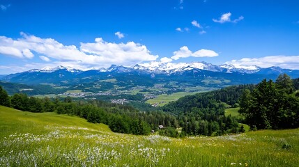 Aufkleber - Panoramic view of a picturesque alpine valley, showcasing a vibrant meadow dotted with wildflowers, lush green forests, and a snow-capped mountain range under a clear blue sky. : Generative AI