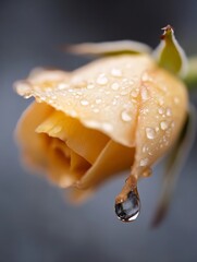 Poster - Close-up of a single, pale yellow rosebud glistening with dew drops, a single drop hanging precariously from a petal, soft grey background. : Generative AI