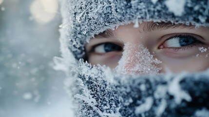 Poster - Close-up portrait of a person's face partially covered by a frost-covered balaclava, revealing only their eyes and part of their nose, in a snowy winter setting. : Generative AI