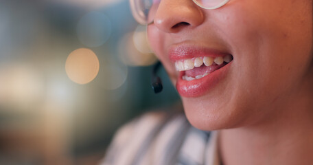 Poster - Mic, mouth and smile at night, call center and space for customer support, job or advisory services. Person, agent or virtual consultation on voip, contact us and happy for closeup at startup company