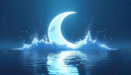 Poster - glowing crescent moon over water ramadan graphic for web design and branding