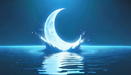 Poster - glowing crescent moon over water ramadan graphic for web design and branding