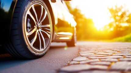 Poster - Close-up of a black car tire on a cobblestone road at sunset, showcasing the wheel's design and the warm golden light. : Generative AI