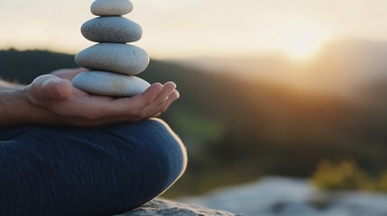 Poster - Person meditates outdoors at sunset, balancing grey stones in their hands; peaceful, serene scene in nature with a blurred mountain background. : Generative AI