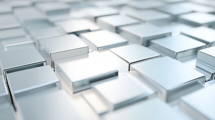 Fototapete - Abstract background of numerous metallic cubes, arranged in a staggered pattern, showcasing a sleek, modern aesthetic with subtle light reflections. : Generative AI