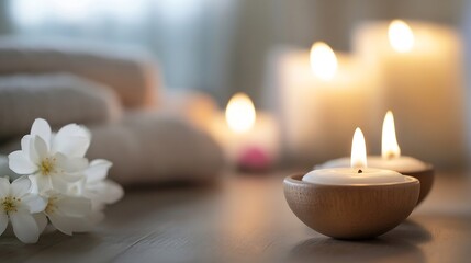 Aufkleber - Serene spa setting with lit candles in wooden holders, white blossoms, and soft towels in the background, creating a peaceful and relaxing atmosphere. : Generative AI