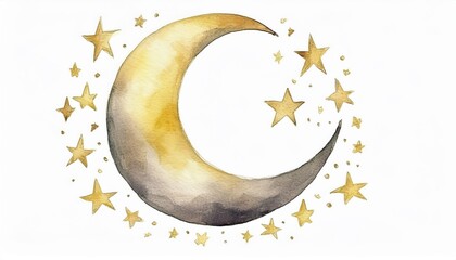 Poster - watercolor crescent moon with stars ramadan graphic for branding and digital design