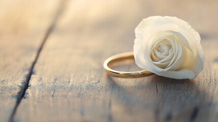 Poster - A delicate white rose rests beside a gold wedding band on weathered wood, bathed in soft sunlight, creating a romantic and serene scene. : Generative AI