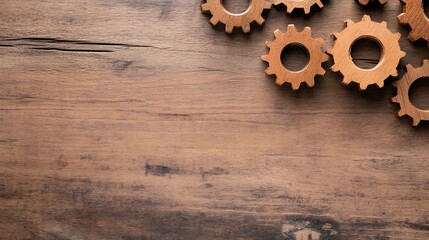 Leinwandbilder - Wooden gears on a rustic brown wood surface, offering copy space for text or design elements.  Perfect for concepts related to teamwork, mechanics, or industry. : Generative AI