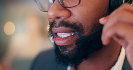 Poster - Mic, mouth and talk at night, call center and tech for customer support, job or advisory services. Person, agent or virtual consultation on voip, contact us and headset for career at startup company