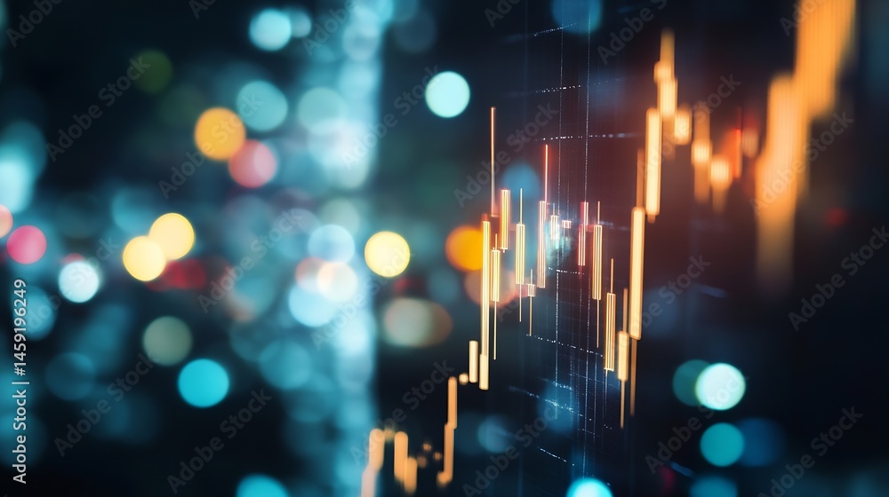 Visualizing Candlesticks Abstract candlestick chart graphic with blurred city lights at night ...