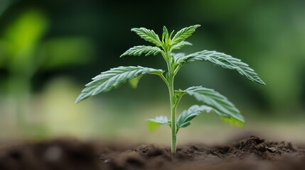 Aufkleber - A young cannabis plant seedling emerges from dark soil, its vibrant green leaves reaching towards the sunlight in a lush natural setting. : Generative AI