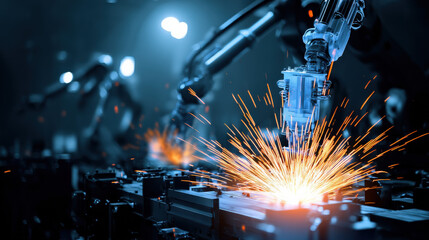 Poster - Industrial robot arm welding metal with sparks, showcasing advanced automation technology in a modern factory setting.  The scene is illuminated with dramatic blue and orange lighting.