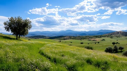 Aufkleber - Serene landscape of a blossoming meadow under a vibrant blue sky, with a solitary olive tree in the foreground and distant mountains under a partly cloudy sky. : Generative AI