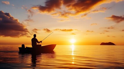 Aufkleber - Silhouette of a fisherman in a small boat, peacefully fishing at sunset on a calm ocean, with a distant island and vibrant orange sky. : Generative AI