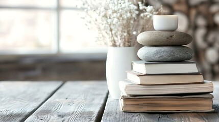 Aufkleber - Serene still life featuring a stack of books, smooth stones, a small white cup, and dried white flowers in a vase, all arranged on a rustic wooden table near a window. : Generative AI