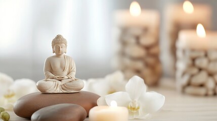 Poster - Serene Buddha statue meditates peacefully atop smooth stones, surrounded by delicate white orchids and softly glowing candles, creating a tranquil spa-like atmosphere. : Generative AI