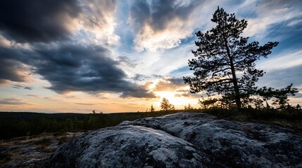 Aufkleber - Sunset over a rocky outcrop in a pine forest, silhouetted trees against a dramatic sky with vibrant orange and blue hues. : Generative AI