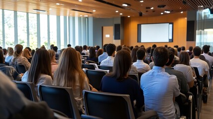 Poster - A large audience attentively listens to a presentation in a modern conference room, seated in rows of chairs facing a blank projection screen. : Generative AI