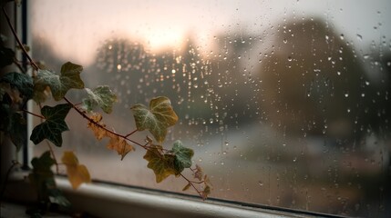 Poster - Ivy leaves glisten with dew while pressed against a rain-streaked glass window, capturing the soft morning light and outdoor bokeh in a tranquil atmosphere
