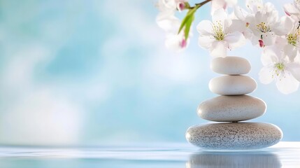Poster - Serene spa scene: three smooth, grey stones balanced perfectly, beneath delicate white cherry blossoms against a soft blue backdrop. : Generative AI