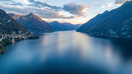 Wall Mural - Aerial view of a serene lake nestled between majestic mountains at sunset, showcasing a charming lakeside village and tranquil waters reflecting the sky's colors. : Generative AI