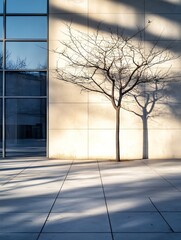 Poster - Bare tree casts shadows on a modern building's light beige wall and paved ground, reflecting sunlight and architectural lines. : Generative AI