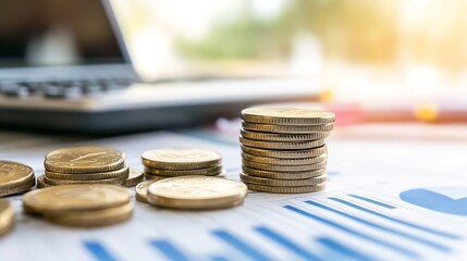 Poster - Close-up of stacked coins on financial report, showcasing growth and financial success, with a blurred laptop in the background. : Generative AI