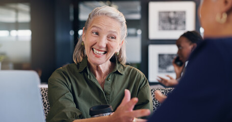 Fototapete - Mature woman, happy and meeting in cafe with team discussion, project management and positive feedback. Strategy, collaboration and excited for business proposal, out of office planning and advice