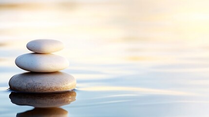 Poster - Serene Stack of Three Smooth Stones Resting on Calm Water at Sunset, Reflecting Tranquility and Balance. : Generative AI