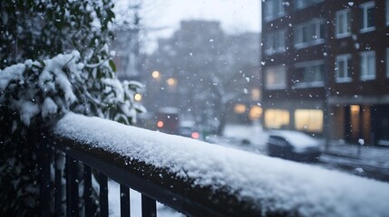 Fototapete - Snow-covered railing with a blurred city street in the background during a snowfall.  The scene evokes a feeling of quiet winter serenity. : Generative AI