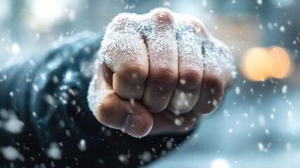 Aufkleber - Close-up of a clenched fist covered in snow, falling snowflakes in the blurred background, winter scene, cold weather concept. : Generative AI