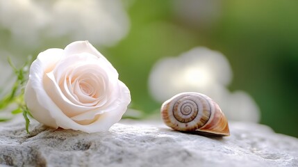 Poster - Delicate cream rose and snail shell rest on a light grey stone, soft green bokeh background.  Peaceful nature scene, perfect for spa, wellness, or serenity themes. : Generative AI