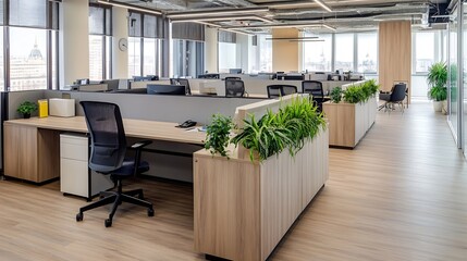 Fototapete - Modern office interior design featuring light wood desks, ergonomic chairs, and lush green plants, creating a bright and productive workspace with city views. : Generative AI