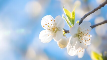 Poster - Close-up of delicate white cherry blossoms on a branch against a bright blue sky, bathed in sunlight, showcasing springtime beauty and natural elegance. : Generative AI