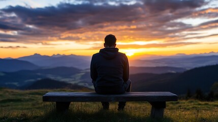 Aufkleber - Silhouette of a man sitting on a wooden bench, contemplating a breathtaking sunset over a vast mountain range. Golden hour light paints the sky with vibrant hues. : Generative AI