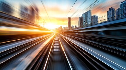 Poster - High-speed train traversing urban railway tracks at sunset, modern city skyline in background, dynamic motion blur effect. : Generative AI