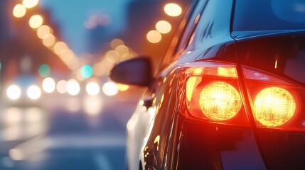 Poster - Close-up view of a dark-colored car's taillights illuminated at night, with blurred city lights in the background, creating a sense of urban movement and speed. : Generative AI