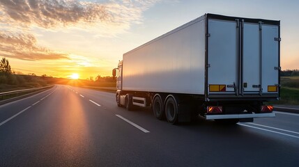 Poster - White semi-truck trailer drives on highway at sunset, showcasing transportation and logistics concept.  Golden hour light illuminates the asphalt road and rural landscape. : Generative AI