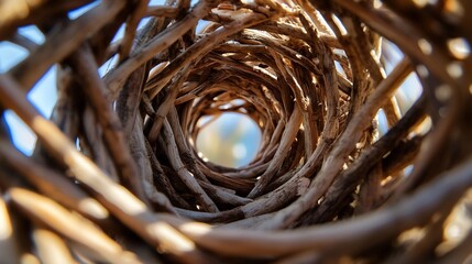Poster - Intricate woven wood structure, creating a tunnel-like effect with sunlight filtering through the gaps.  Natural brown tones and textures are prominent, showcasing the craftsmanship. : Generative AI