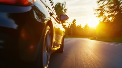 Poster - Fast black car driving on asphalt road at sunset, golden hour light, motion blur, summer evening drive, speed, transportation, journey, travel, adventure. : Generative AI