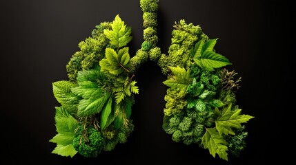 Aufkleber - Lungs shaped from vibrant green moss and leaves against a dark background, symbolizing nature's breath and environmental health.