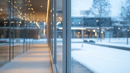 Poster - Modern glass hallway interior with blurred winter cityscape view through large windows, showcasing a sleek architectural design and soft, ambient lighting. : Generative AI