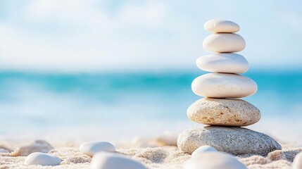 Poster - Serene beach scene featuring a balanced stack of smooth, white stones on light sand, with a tranquil turquoise ocean in the background. : Generative AI
