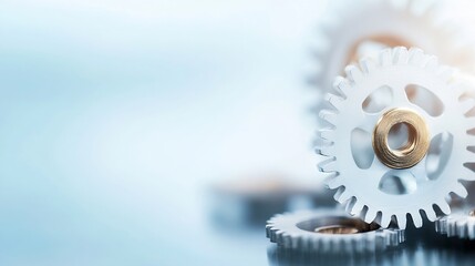 Aufkleber - Close-up of interlocking white gears with gold accents, suggesting teamwork, precision, and industrial machinery.  The image features a shallow depth of field and a soft blue backgroun : Generative AI