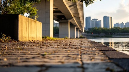 Poster - Golden hour sunlight illuminates a paved walkway beside a river, under a modern bridge with city buildings in the distance. : Generative AI