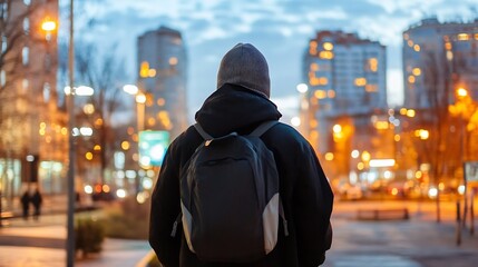 Leinwandbilder - A person with a backpack stands on a city street at dusk, the background is blurred, showing city lights and buildings. : Generative AI